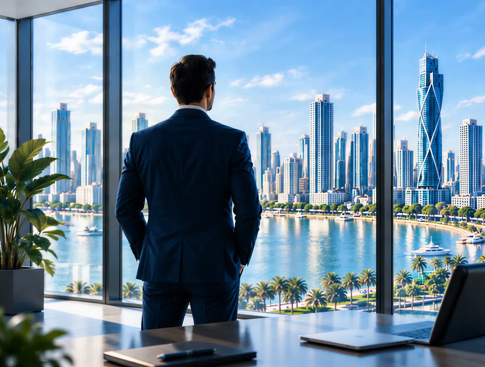 Ejecutivo frente al horizonte de Ciudad de Panamá desde una oficina