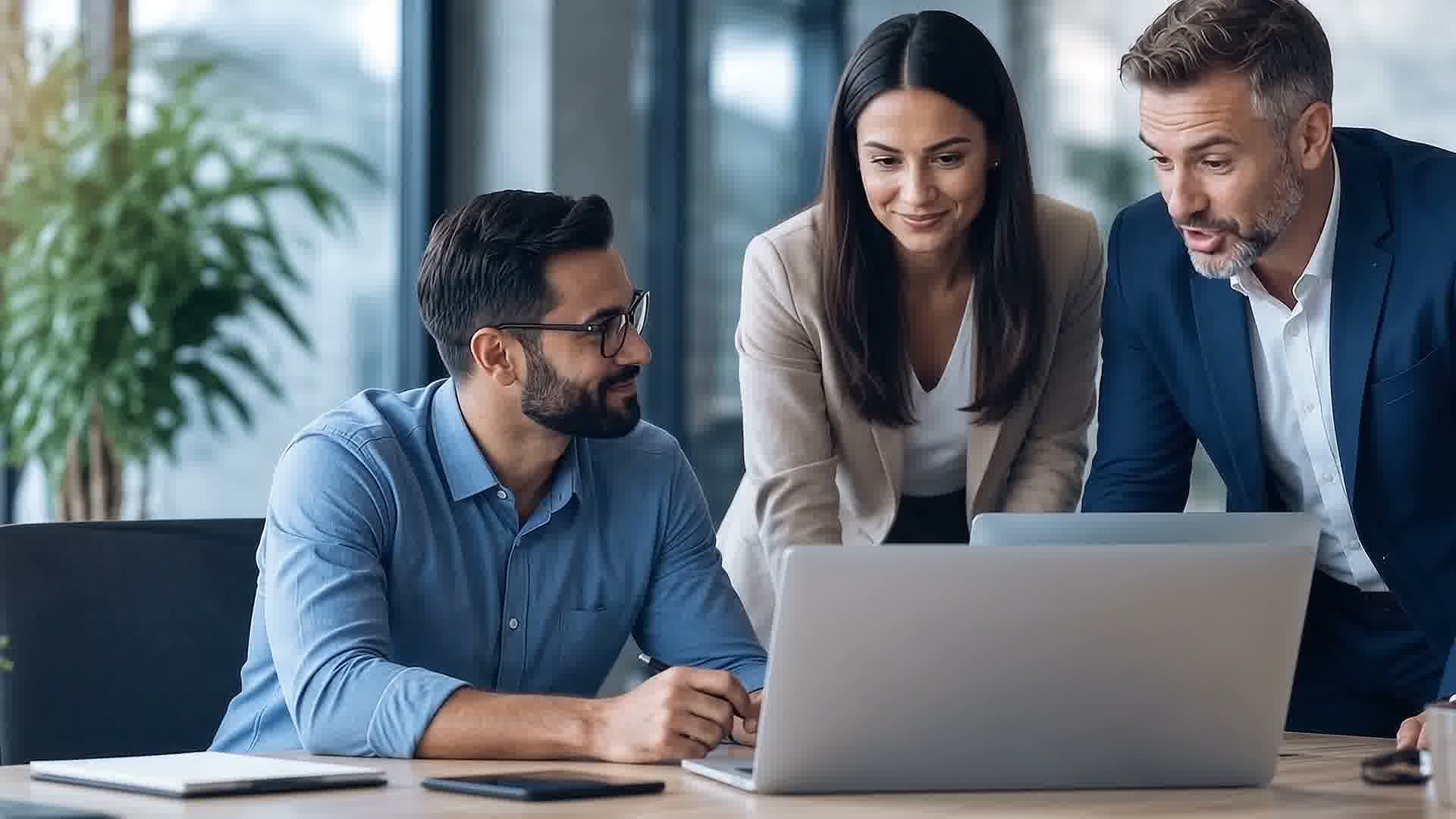 Tres profesionales colaboran frente a una computadora en una oficina